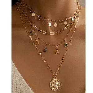 Boho Gold Tone Colored Rhinestone Multilayer Necklace